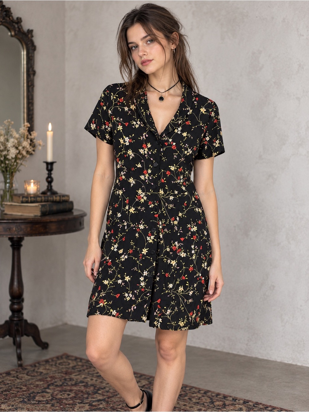 Vintage 90s Whimsigoth Black Ditsy Floral Rayon Button Front Dress L